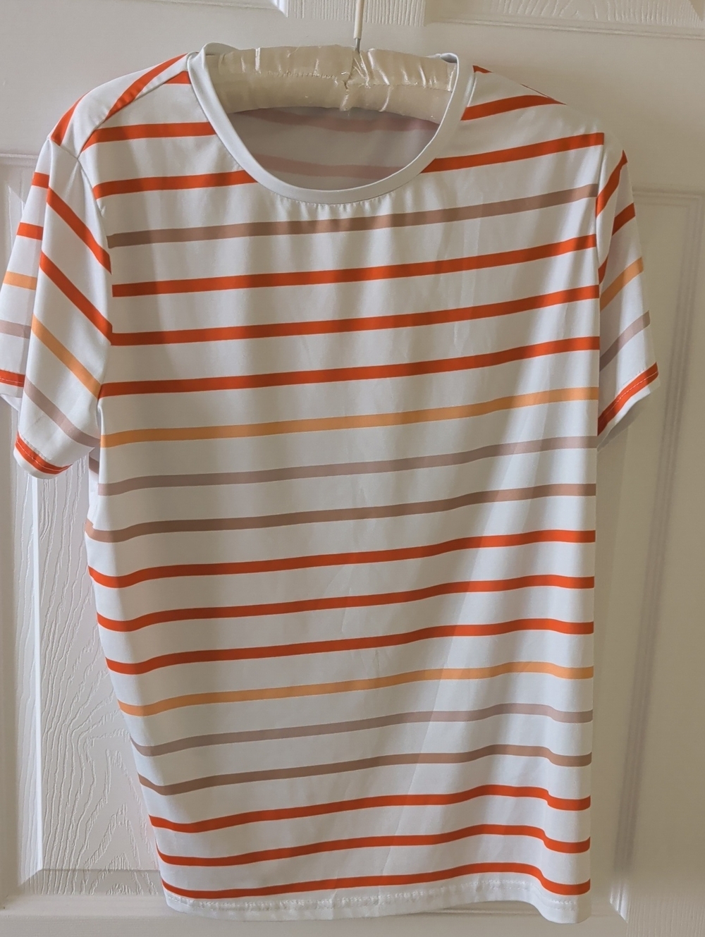 SHEIN White Tee with Orange and Tan Stripe Pattern